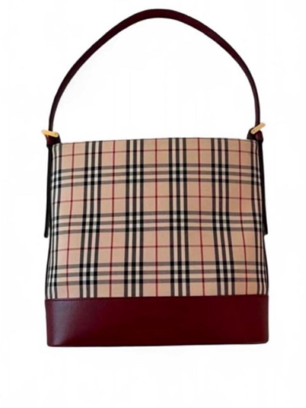 Burberry Beige Check Shoulder Bag with Burgundy Trim
